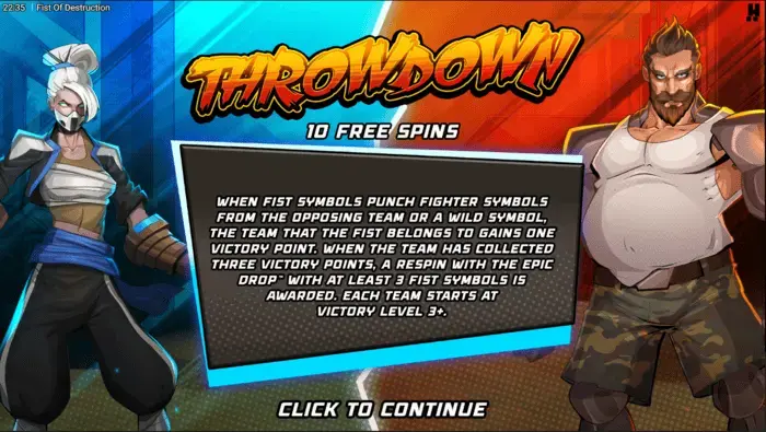 Fist of Destruction online – Throwdown Bonus zobrazující souboj Victory Points mezi týmy