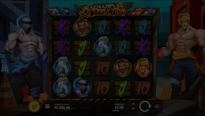 Fist of Destruction slot demo game window showing 8-bit fighters and street battle theme