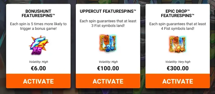 Fist of Destruction slot FeatureSpins menu showing Uppercut and Epic Drop options